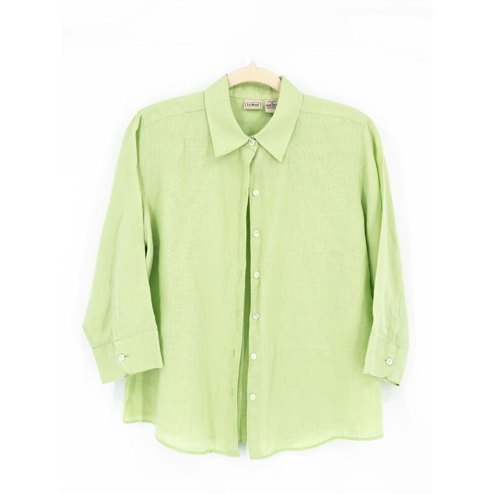 LL Bean Womens M Linen Shirt Button Down Bright Green 3/4 Long Sleeves Top